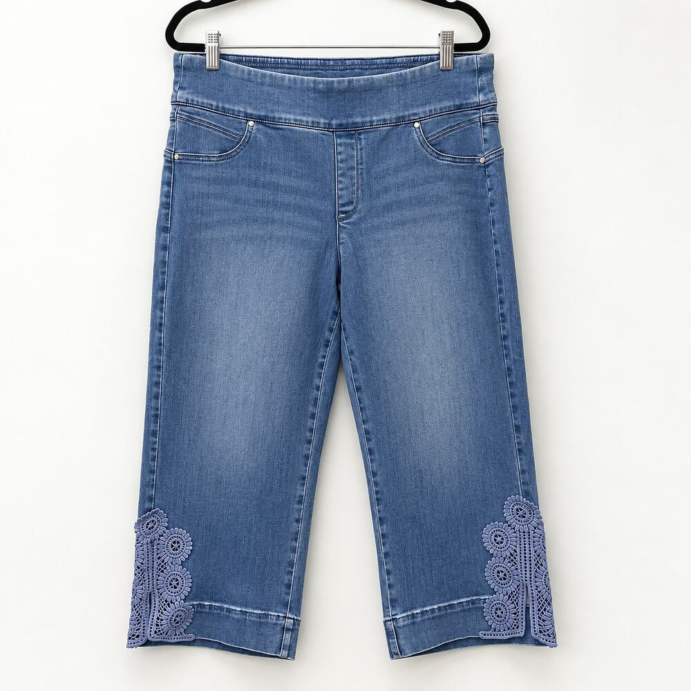 Chico's Perfect Stretch Pull On Crop Jeans Crochet Detail Size 3 or 16